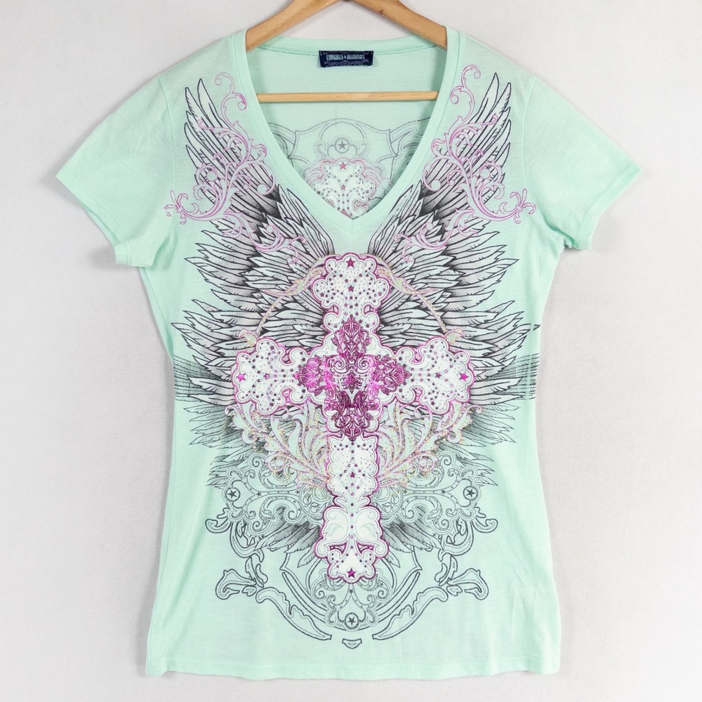 Cowgirls & Diamonds T Shirt 2XL Mint Green Wings Cross Graphic Embellished SLIM